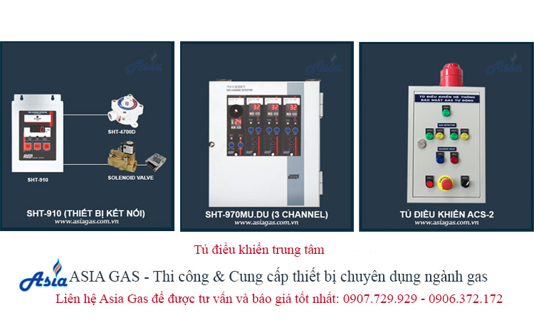 Tủ điều khiển trung tâm gas kết nối với đầu dò cam biến và van gas